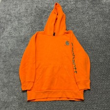 Carhartt Hoodie Boys M 10-12 Orange Fleece Lined Spellout Sleeve Logo Workwear