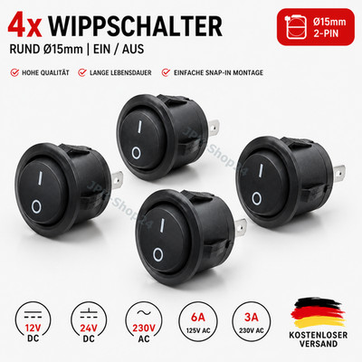 4x Mini Wippschalter Kippschalter Rund 15mm EIN/AUS 12V 24V 230V Snap-In KFZ