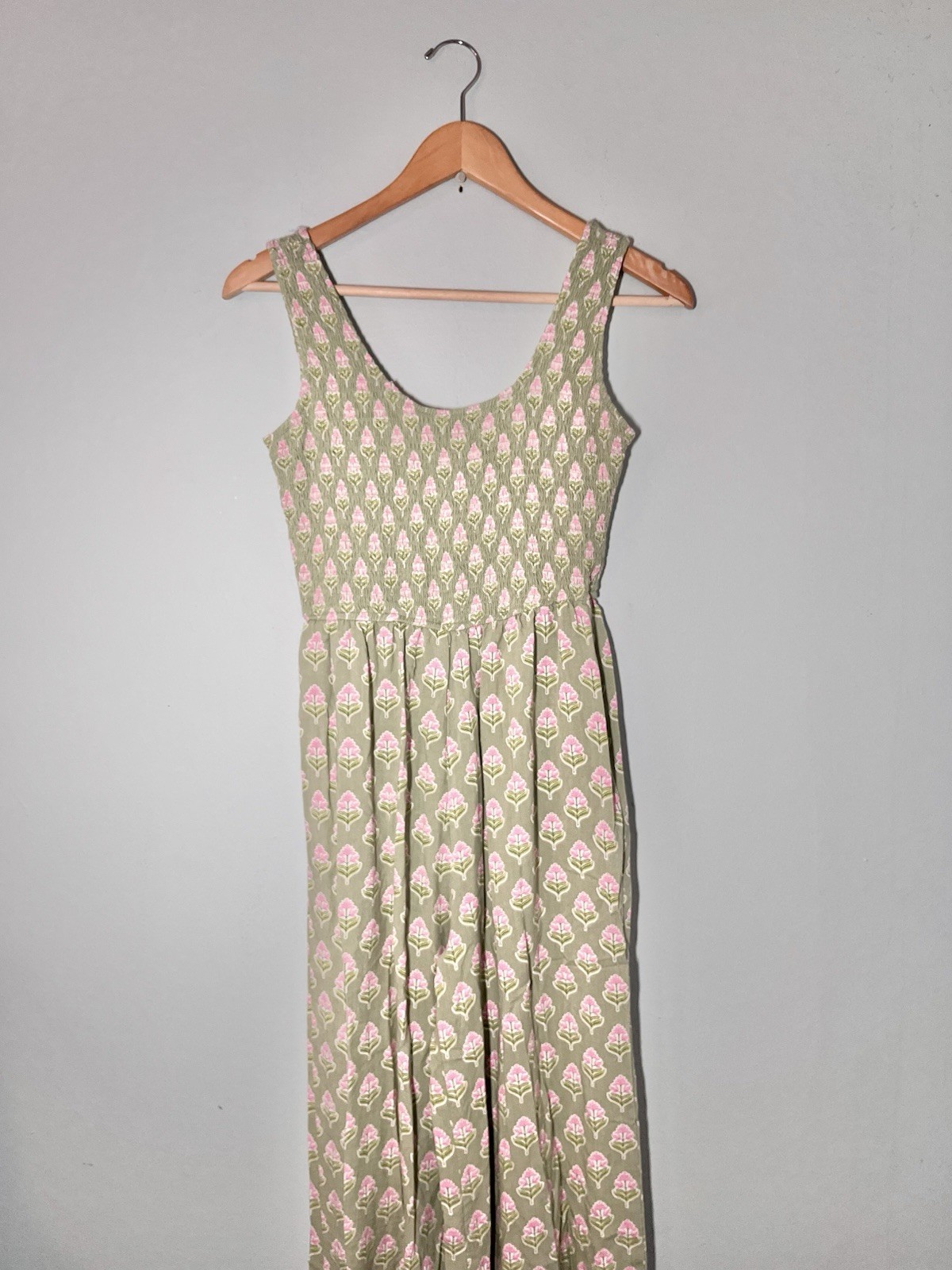 Japna Wide Leg Smocked Comfy Green Pink Floral Jumpsuit Pockets Women's Medium