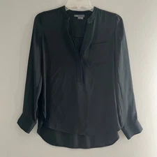 Vince Silk Blend Hi Low Popover Tunic Blouse Black Split Neck Pocket Size 2