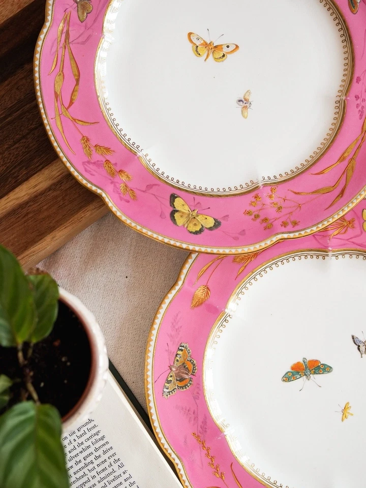 Antique Copeland Aesthetic Pink And Gold Hand Painted butterfly Porcelain Plate - Image 3 of 4