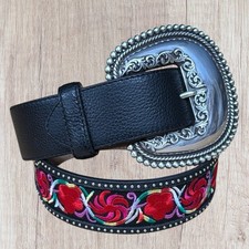 Tony Lama My Maria Floral Red-Black Embroidered Leather Western Belt Size 30 NWT