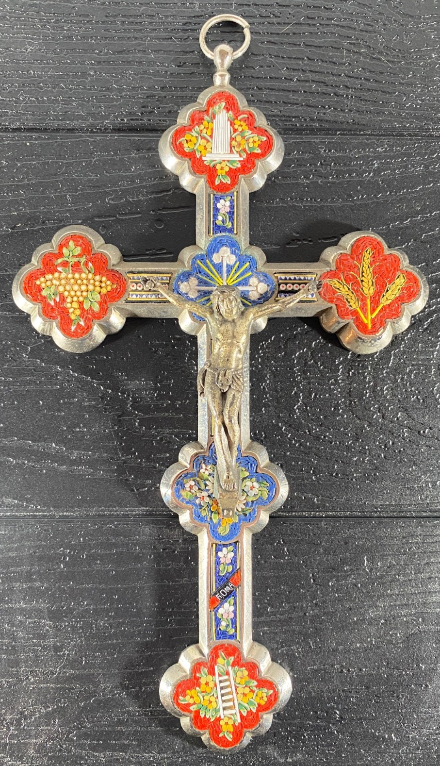 *** STUNNING ANTIQUE LG. ROMAN CATHOLIC MICRO MOSAIC WALL CRUCIFIX 9.5