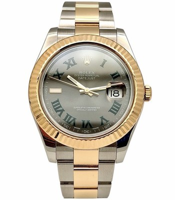 ROLEX Datejust II 116333 41mm Fluted Wimbledon Slate Dial 18K Gold & Steel Box&