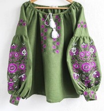 Vyshyvanka Elegant Ukrainian embroidered blouse Top Shirt green color XS-4XL