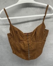 Edikted Cropped Corduroy Body Con Corset Top Sz M Brown Front Hook Underwire