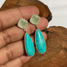 Turquoise, Aqua Chalcedony Teardrop Earrings, 925 Silver Drop Dangle Earrings