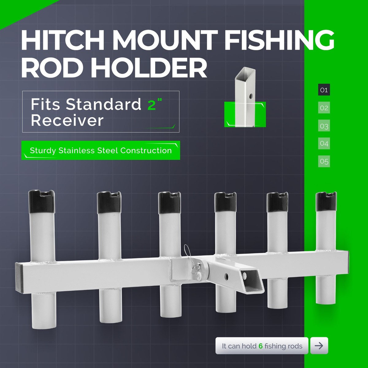 Pivoting Hitch Mount Fishing Rod Holder Rack 6 Tube For 2" Receiver Aluminium Pivoting Hitch Mount Fishing Rod Holder Rack 6 Tube For 2" Receiver Aluminium