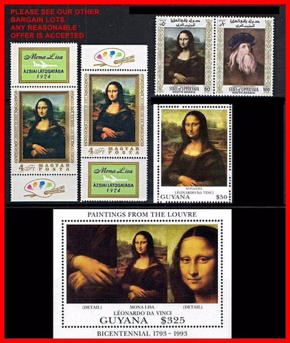 Leonardo da Vinci paintings / Mona Lisa = 5 different STAMPS + s/S block MNH