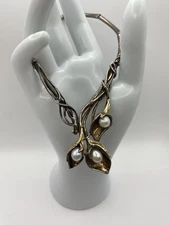 Hagit Gorali H Israel 925 Sterling Silver 14k Gold Pearl Calla Lily Necklace 16"