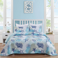 Coastal Quilt Set King Size, Blue Ocean Beach Themed Bedding Set Coral Seashell
