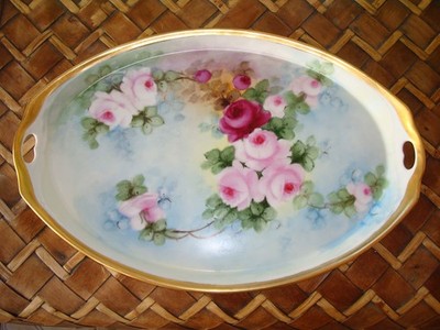 ANTIQUE  HAND PAINTED PORCELAIN BAVARIA LARGE 16'' TRAY PLATE,  ROSES & GOLD
