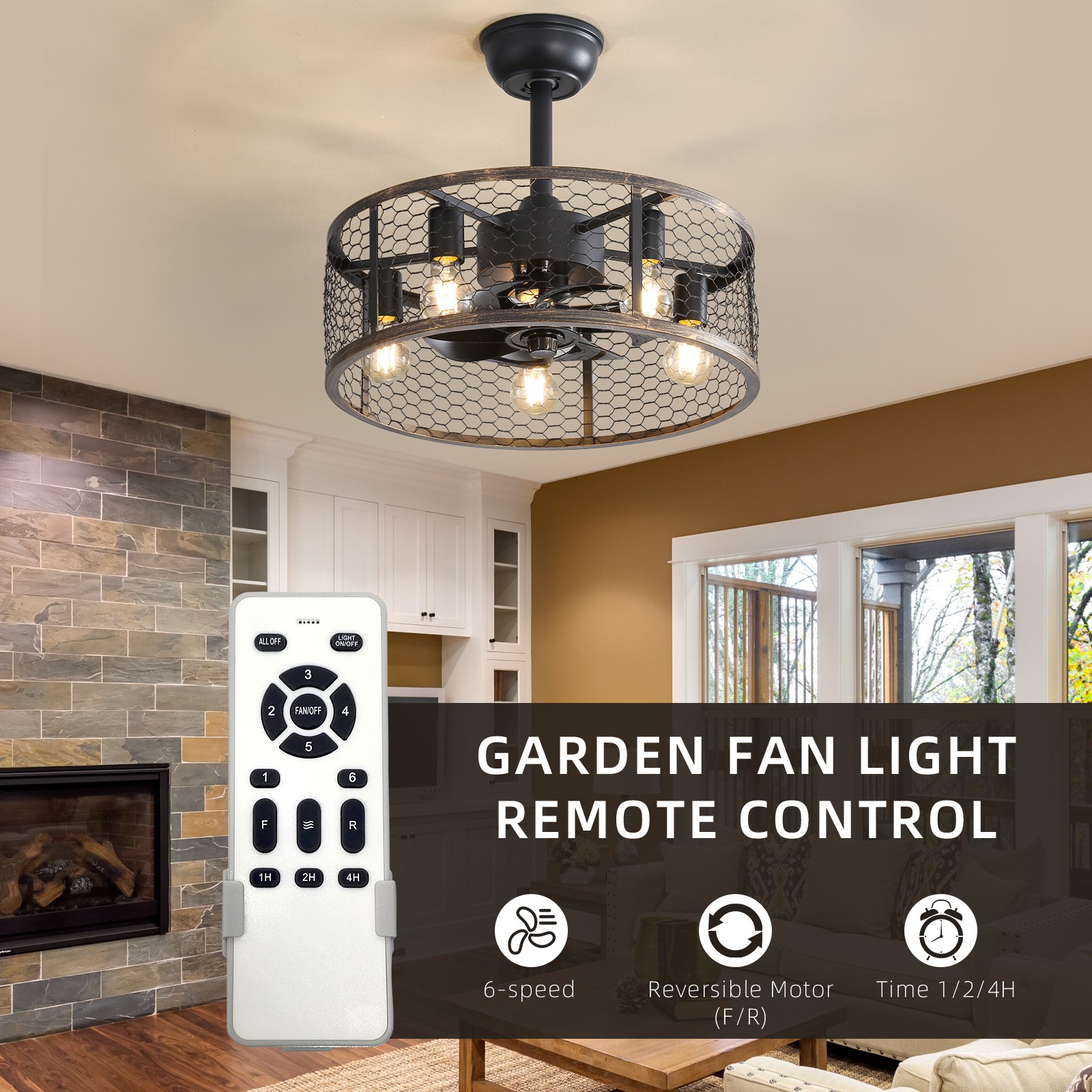 20" Black Caged Ceiling Fan with Light Farmhouse Rustic Fandelier Remote Control