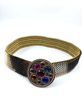 Vintage Shiny Gold Tone Metal Stretch Fish Snake Scale Faux Gems Belt Disco 80's