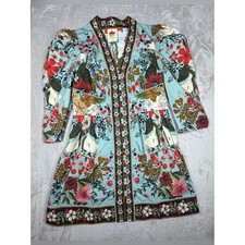 NWT Farm Rio Blue Beauty Bouquet Puff Sleeve Buttoned Front Mini Dress Large