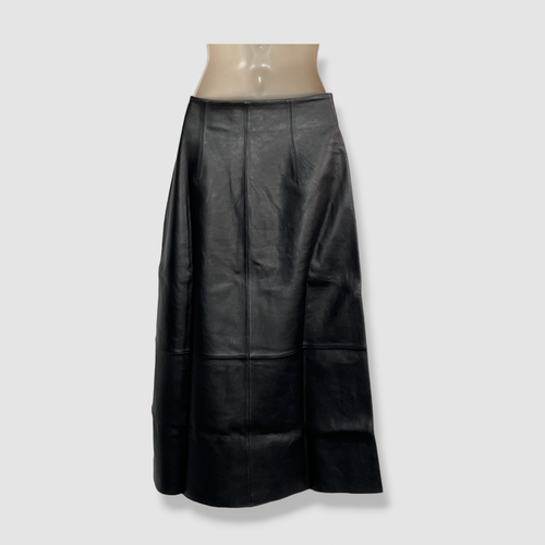 $1095 Theory Women's Black Leather High Waist A-Line Midi Skirt Size 2 - Picture 2 of 3
