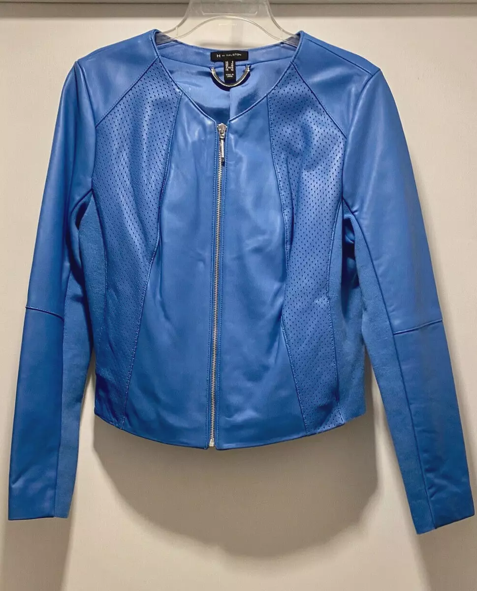 H by Halston soft Leather Jacket Perforated Panels Size 8 Blue leather