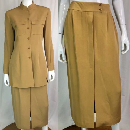 Liz Claiborne Women's 4 Silk Khaki Vintage Cargo Blazer Midi Pencil Skirt Suit S - Picture 1 of 12