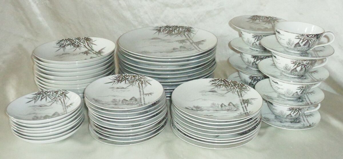Kutani KUT250 Silver Bamboo Oriental Scene Rare Fine China Kutani KUT250 Silver Bamboo Oriental Scene Rare Fine China