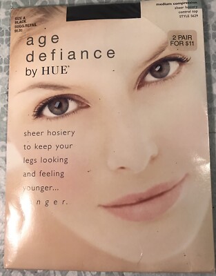 Age Defiance by Hue Pantyhose Medium Compression Sheer Hosiery Black SZ A 5629