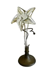 Vintage Blown Glass Amaryllis In Brass Stand 15”