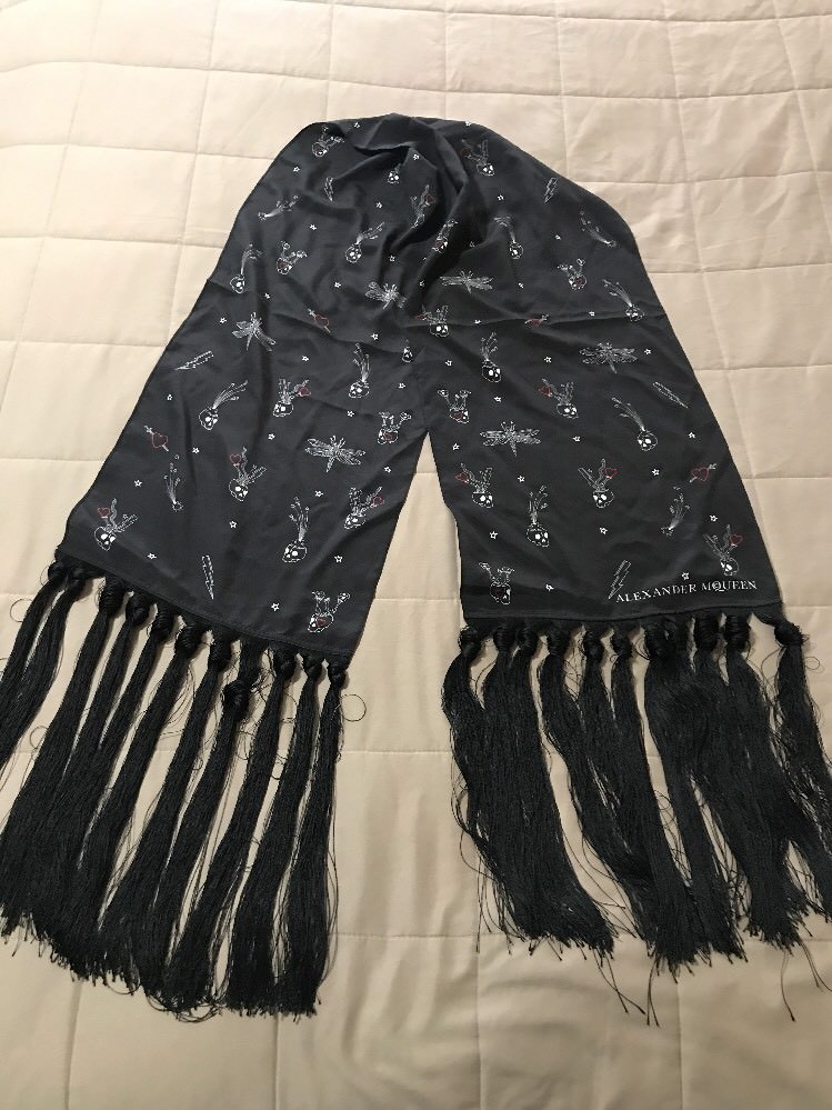 Alexander McQueen Fringe Skull Dragonfly Printed BLACK Silk Crepe