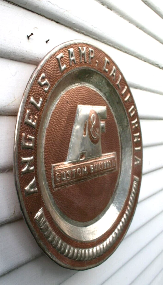 Placa publicitaria vintage Angels Camp, California cobre plata Foto 2 de 4