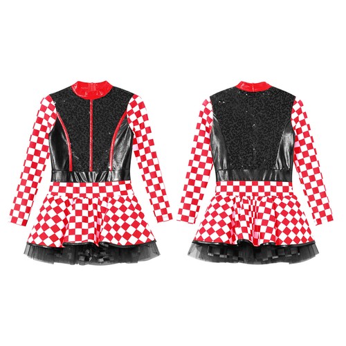 Kids Girls Race Car Driver Costume Racer Checkerboard Printed Sequins Tutu Dress - Picture 84 of 90