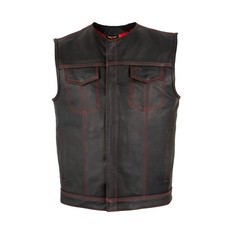 Men's Black Leather Vest Motorcycle Concealed Triple Red Thread Custom Waistcoat