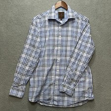 TATTERSALL LONDON Mens 16 34/35 Button Down Shirt Blue Check Plaid Long Sleeve