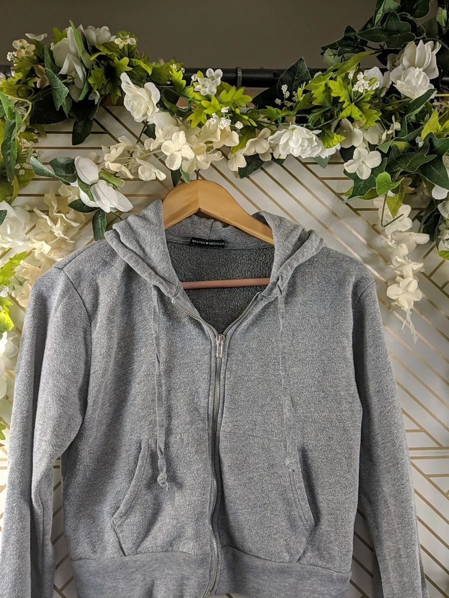 Brandy Melville Grey Gray Crop Fleece Zip-up Crystal Hoodie Sweater Jacket