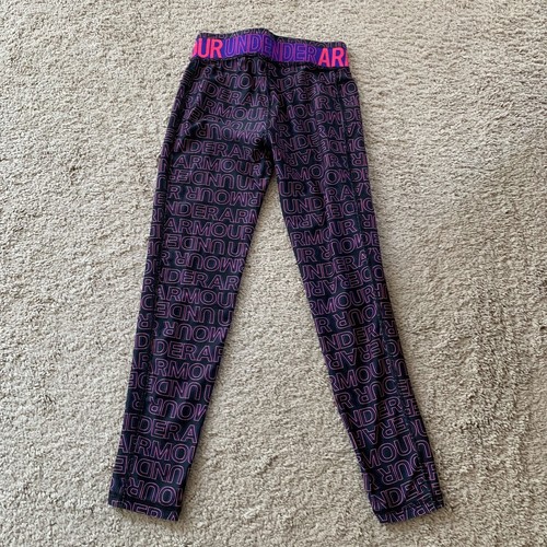 Under Armour Leggings Girls M Black Pink Monogram Print Heatgear Workout Gym - Picture 2 of 11