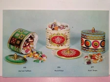 NYC S.L. Kaye imported English candies in gift tins ad postcard 