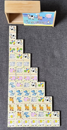 MY FIRST WOODEN DOMINOES SET FARMYARD ANIMALS - 28 BLOCKS IN WOODEN STORAGE BOX - Picture 1 of 7