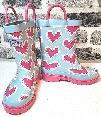 Outee Rain Boots Rubber Blue/Pink Hearts Printed Kids Toddler Child Size 5