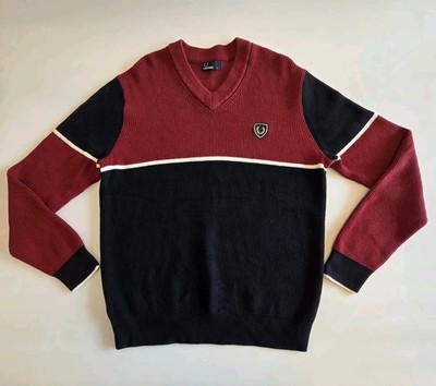 Fred Perry Men s L V-Neck Colour Block Knit Jumper Burgundy Navy Crest Logo