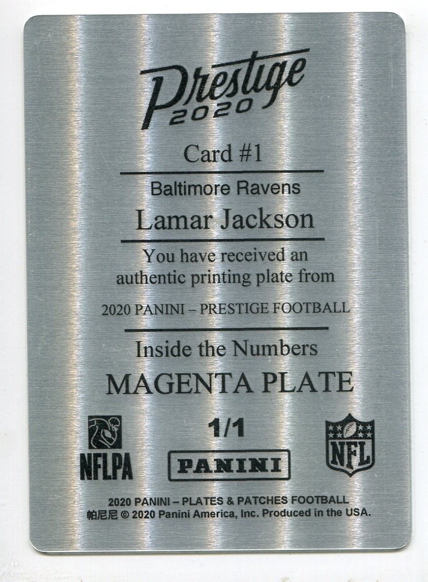 2020 Prestige Printing Plate Magenta Lamar Jackson 1/1 Baltimore