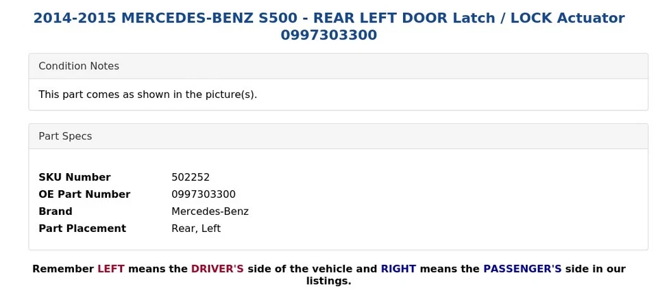 2014-2015 MERCEDES-BENZ S500 - REAR LEFT DOOR Latch / LOCK Actuator 0997303300 - Image 4 of 4