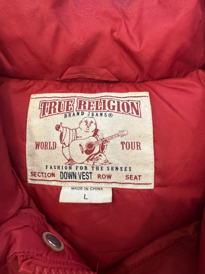 Chaleco acolchado True Religion para hombre grande rojo acolchado plumón de ganso frente a presión Foto 2 de 4