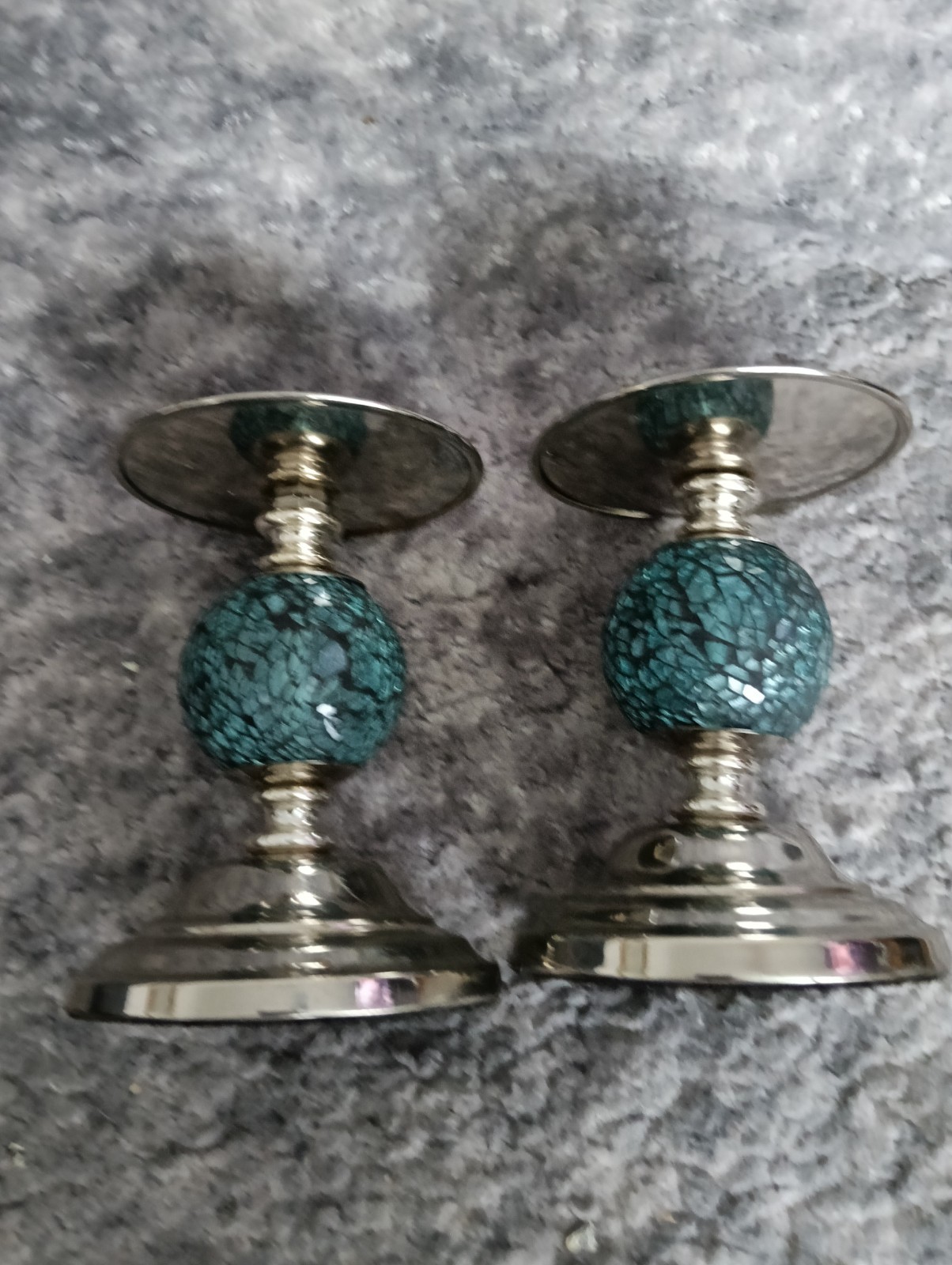 2 x Blue Crackle Glass Ball Candle Sticks In Good Condition