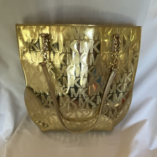 Michael Kors Metallic Gold Logo Large Tote Zip Chain Strap Lined