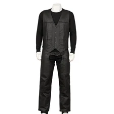 HWK Mens Black Real Leather Biker Vest Chaps Set Motorcycle Riding Gear M 32