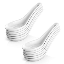 5.3" Asian Soup Spoons Set Of 12 White Ceramic Dessert Spoons For Pho Miso Wonto