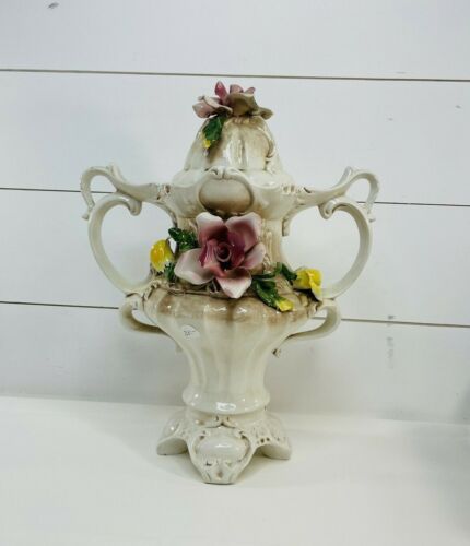 Vintage Capodimonte Large 16" Urn With Lid Pink & Yellow Flowers Centerpiece - Picture 9 of 11