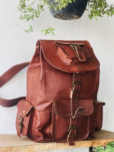 Leather Comman Bag Rucksack Laptop Vintage Genuine Brown Goat Travel Men's New - Picture 7 of 7