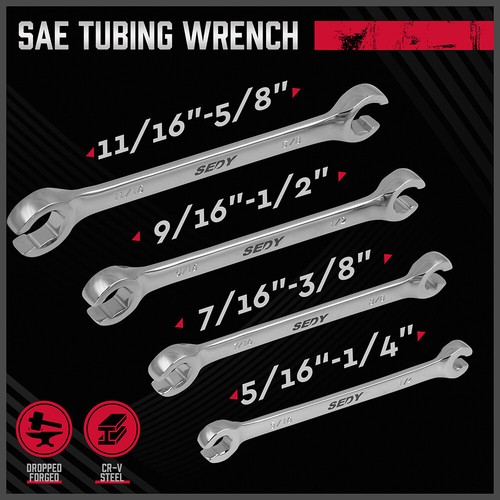 4PC Flare Nut Wrenches Fully Polished SAE Inch Brake Line Offset Head with Pouch - Picture 3 of 8