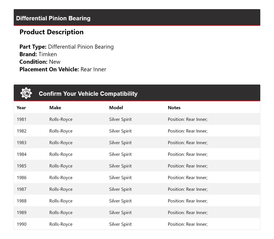 Rodamiento de piñón diferencial Timken para Rolls-Royce Silver Spirit 1981-1990 Foto 2 de 4