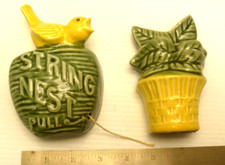 Vintage Hand Painted Ceramic Bird String Holder and Meas. Spoon Wall Hangers Set