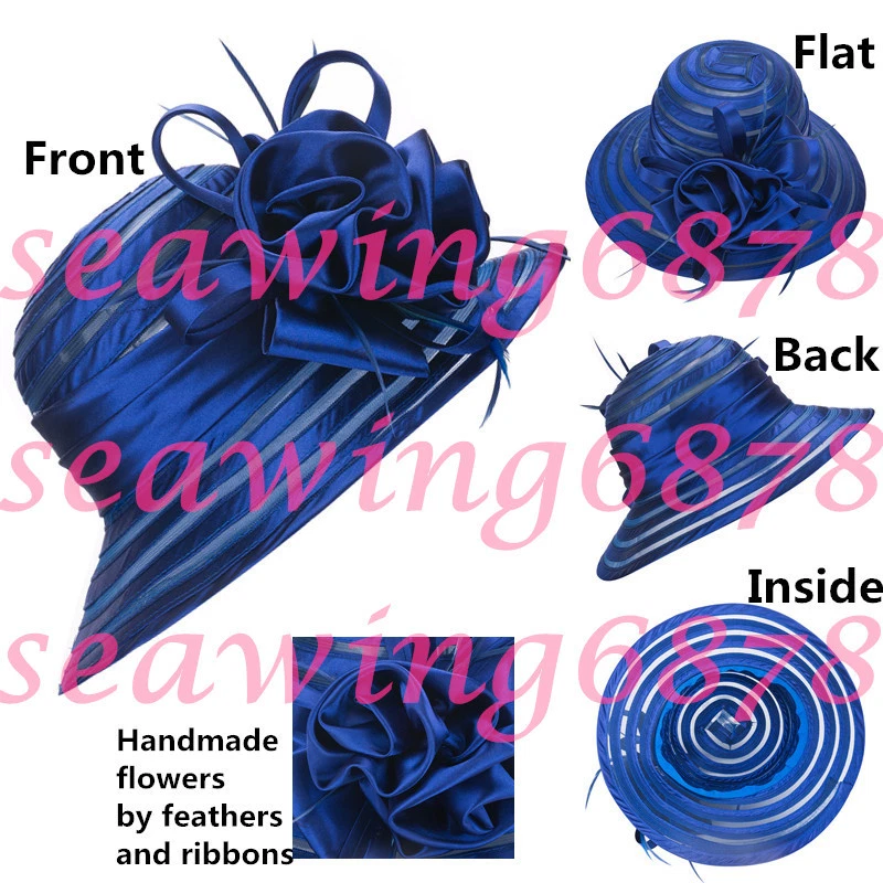 A214 Womens Church Wedding Kentucky Derby Satin Ribbon Feather Floral Sun Hats  - Image 3 of 4