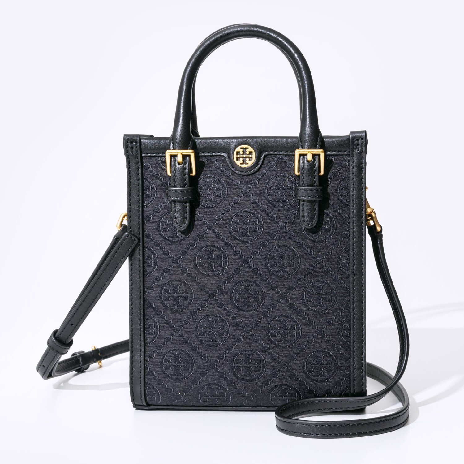 Tory Burch T Monogram Black Mini Shopper Tote Crossbody Purse Bag 152133